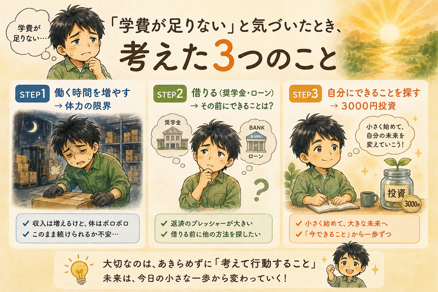 「学費が足りない」と気づいたとき、考えた3つのこと。STEP1 働く時間を増やす、STEP2 借りる、STEP3 自分にできることを探す