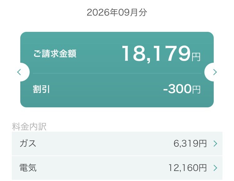 ニチガスアプリの9月分合計請求 18,179円 割引-300円