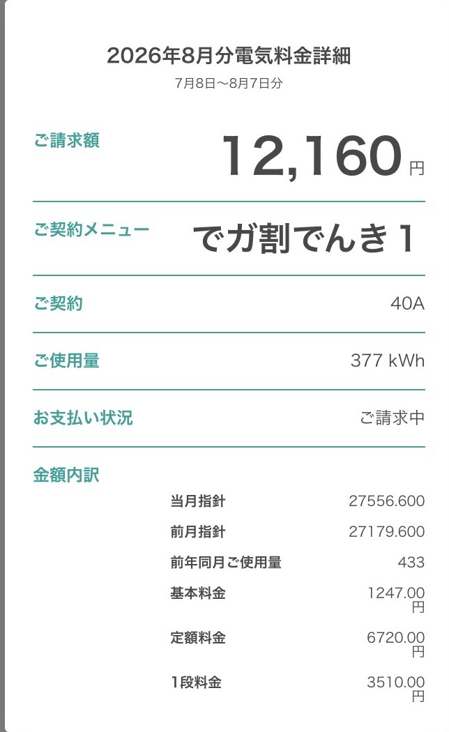 ニチガスアプリの電気料金詳細 2026年8月分 377kWh 12,160円