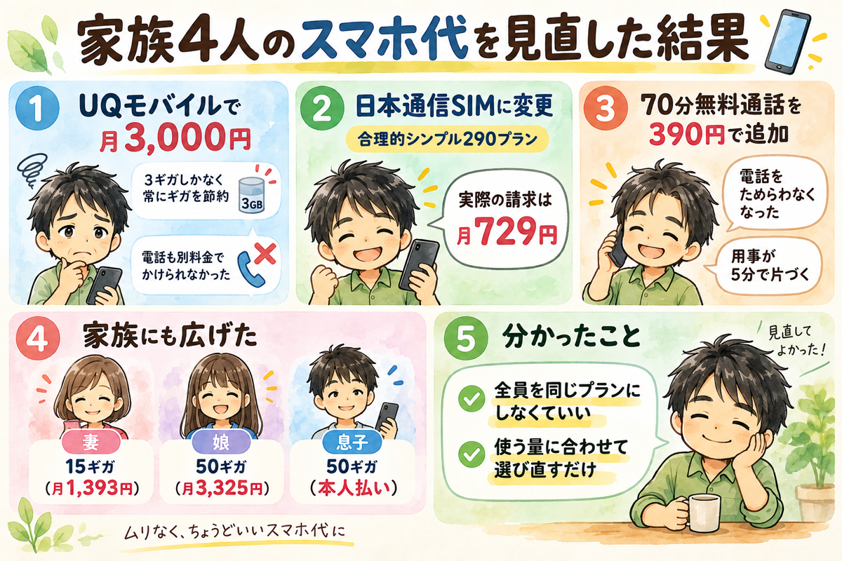 家族4人のスマホ代を見直した結果の図解。UQモバイル月3,000円から日本通信SIMの合理的シンプル290プランに変更して月729円になり、70分無料通話を390円で追加。妻は15ギガで月1,393円、娘は50ギガで月3,325円、息子は50ギガで本人払い。