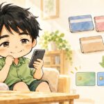 スマホを見てすっきりした顔の男性のイラスト。5冊の通帳が3枚のカードに減っている