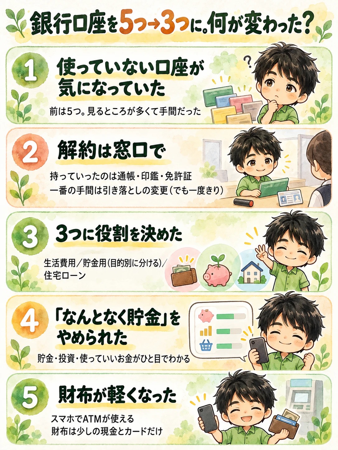 銀行口座を5つ→3つに。何が変わった?:1 使っていない口座が気になっていた/2 解約は窓口で(通帳・印鑑・免許証。一番の手間は引き落としの変更)/3 3つに役割を決めた(生活費用・貯金用・住宅ローン)/4 なんとなく貯金をやめられた/5 財布が軽くなった(スマホでATM)