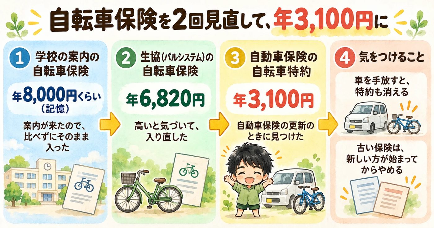 自転車保険を2回見直して年3,100円に:学校の案内の保険(年8,000円くらい・記憶)→生協(年6,820円)→自動車保険の自転車特約(年3,100円)