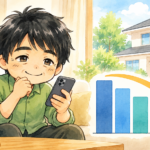 住宅ローンの借り換えで毎月の返済が軽くなり、スマホを見てほっとする50代男性のイラスト