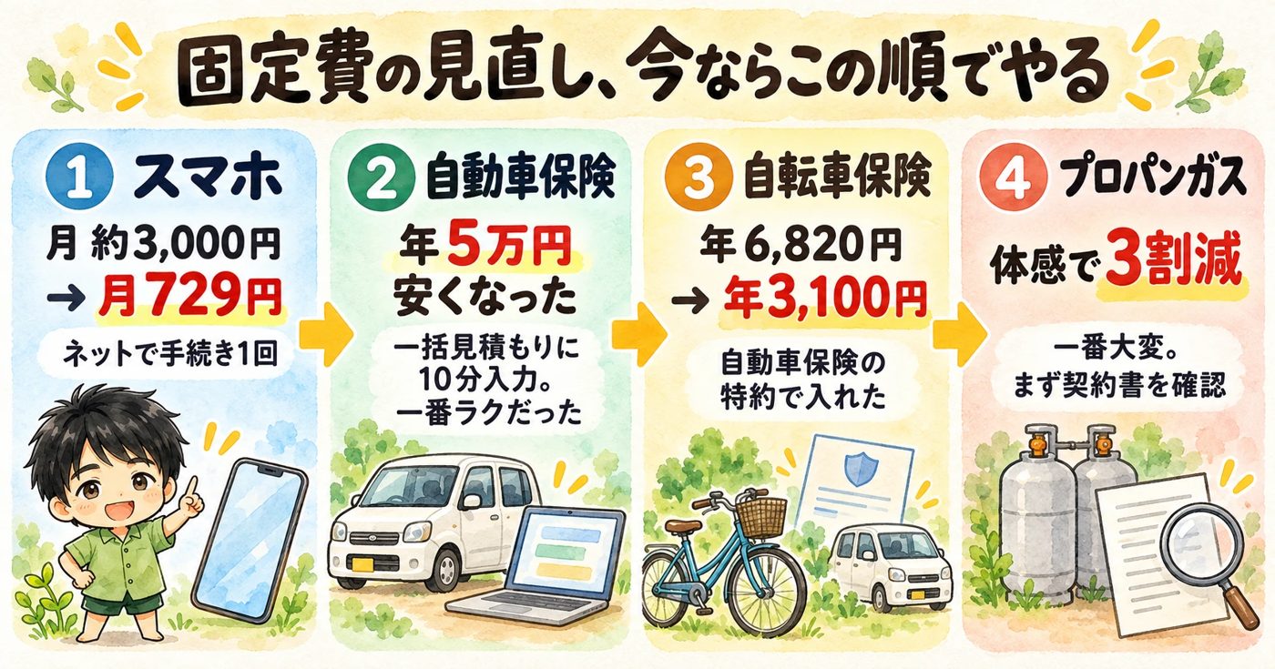 固定費の見直し、今ならこの順でやる:1スマホ(月約3,000円→月729円)2自動車保険(年5万円安くなった)3自転車保険(年6,820円→年3,100円)4プロパンガス(体感で3割減)