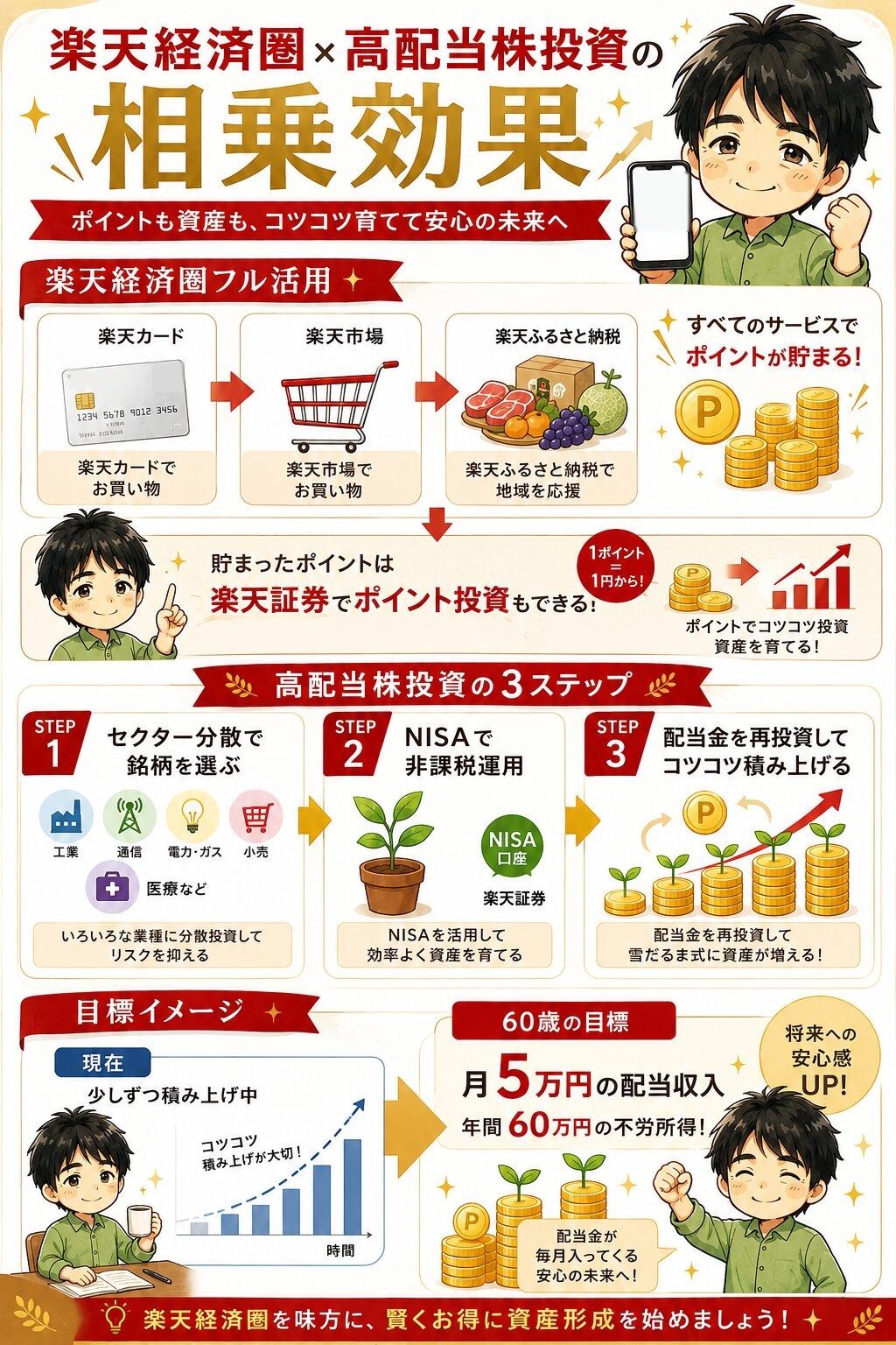 楽天銀行・楽天カード・楽天証券がつながる楽天経済圏の図解