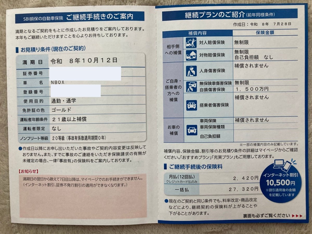 SBI損保の自動車保険 継続手続きの案内(一括払い27,320円)