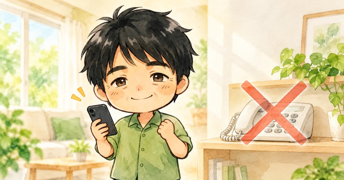 スマホを持って満足そうな男性のイラスト。棚の上の固定電話に×印
