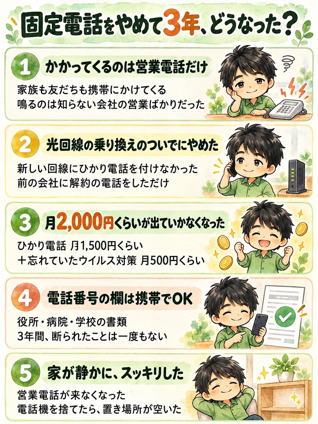 固定電話をやめて3年、どうなった?:1 かかってくるのは営業電話だけ/2 光回線の乗り換えのついでにやめた/3 月2,000円くらい(ひかり電話 月1,500円くらい+ウイルス対策 月500円くらい)が出ていかなくなった/4 電話番号の欄は携帯でOK、3年間断られたことは一度もない/5 家が静かに、スッキリした